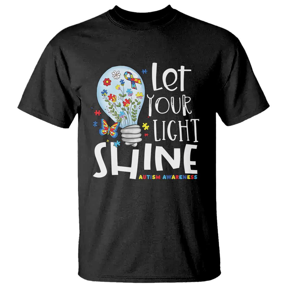 Autism Support T Shirt Let Your Light Shine Puzzle Ribbon Inspirational Quote