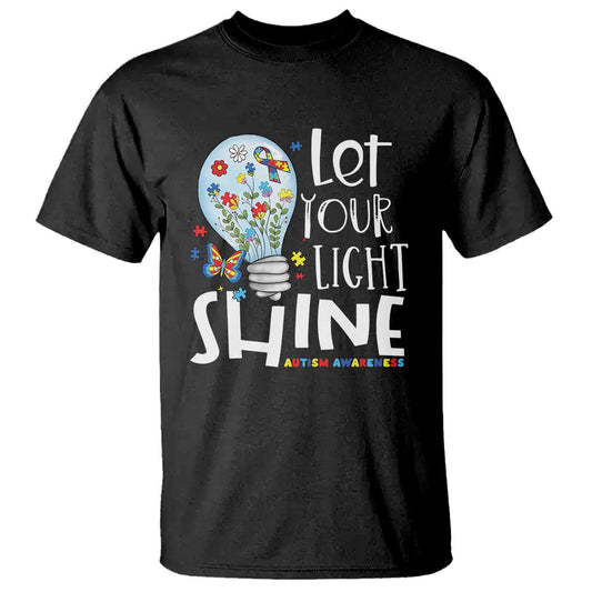 Autism Support T Shirt Let Your Light Shine Puzzle Ribbon Inspirational Quote