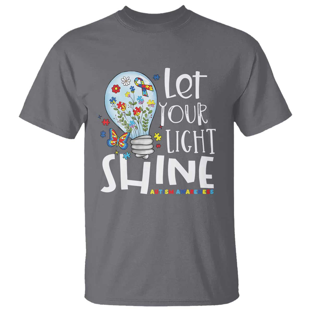 Autism Support T Shirt Let Your Light Shine Puzzle Ribbon Inspirational Quote