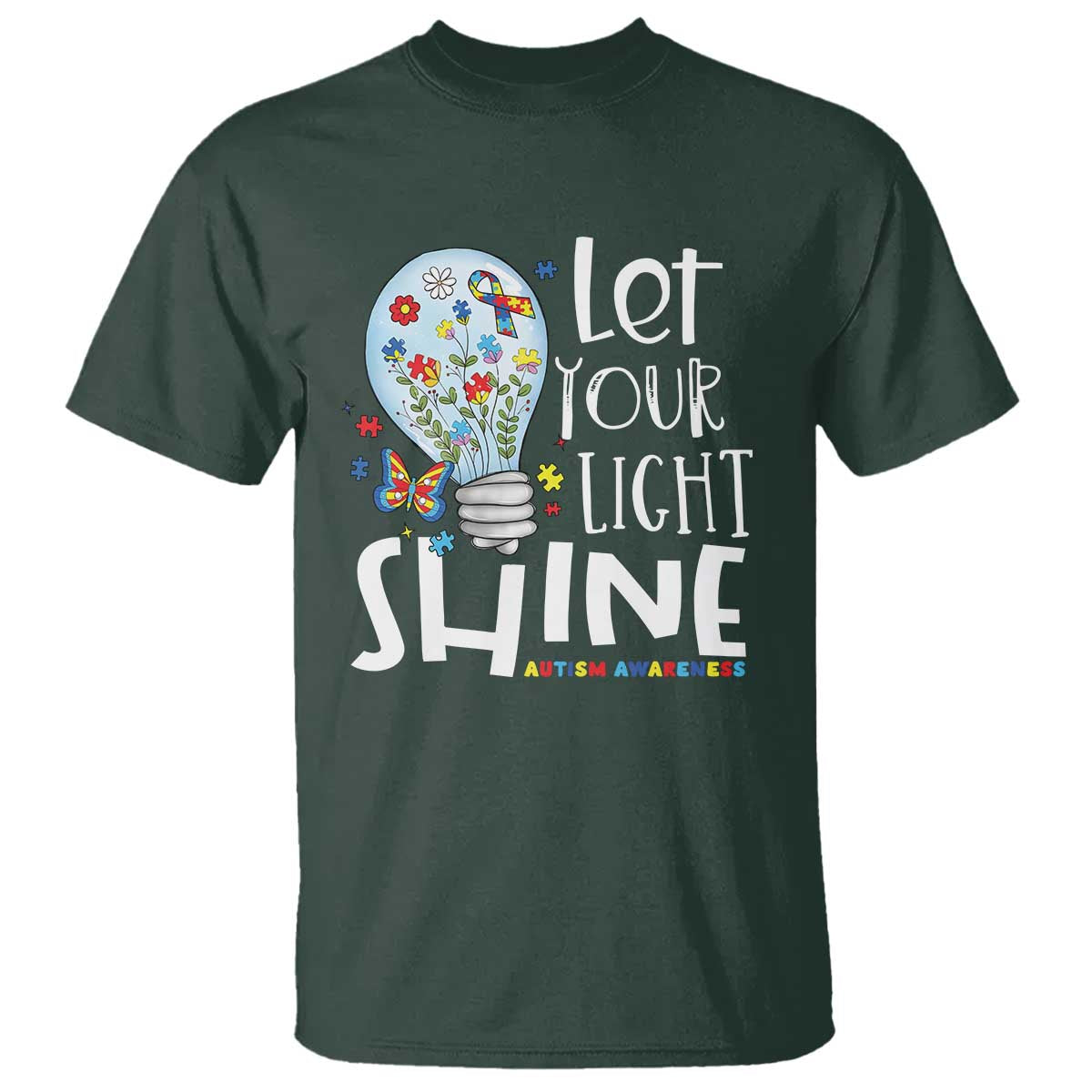 Autism Support T Shirt Let Your Light Shine Puzzle Ribbon Inspirational Quote