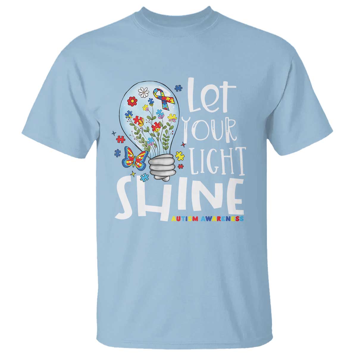 Autism Support T Shirt Let Your Light Shine Puzzle Ribbon Inspirational Quote