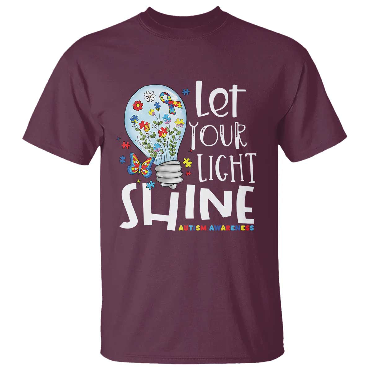 Autism Support T Shirt Let Your Light Shine Puzzle Ribbon Inspirational Quote