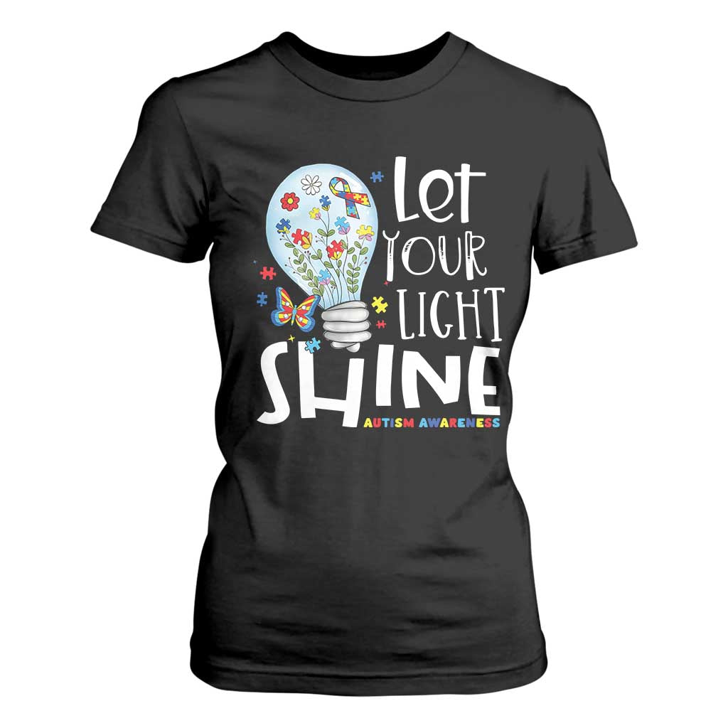 Autism Support T Shirt For Women Let Your Light Shine Puzzle Ribbon Inspirational Quote
