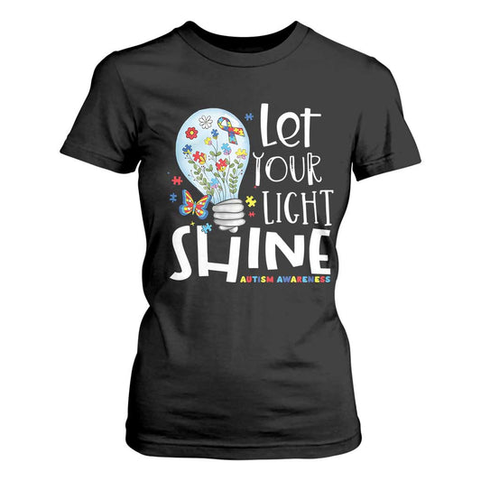 Autism Support T Shirt For Women Let Your Light Shine Puzzle Ribbon Inspirational Quote