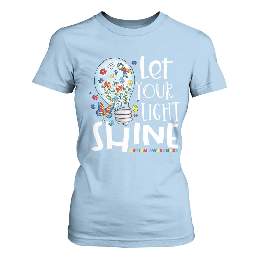 Autism Support T Shirt For Women Let Your Light Shine Puzzle Ribbon Inspirational Quote