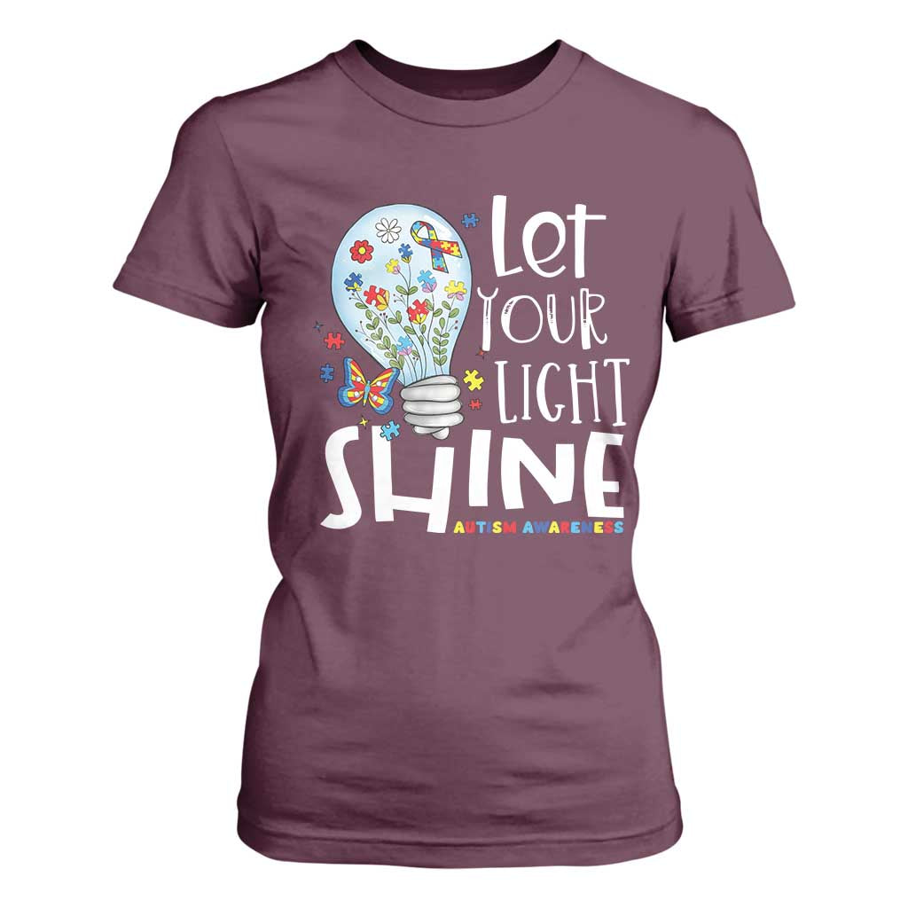 Autism Support T Shirt For Women Let Your Light Shine Puzzle Ribbon Inspirational Quote