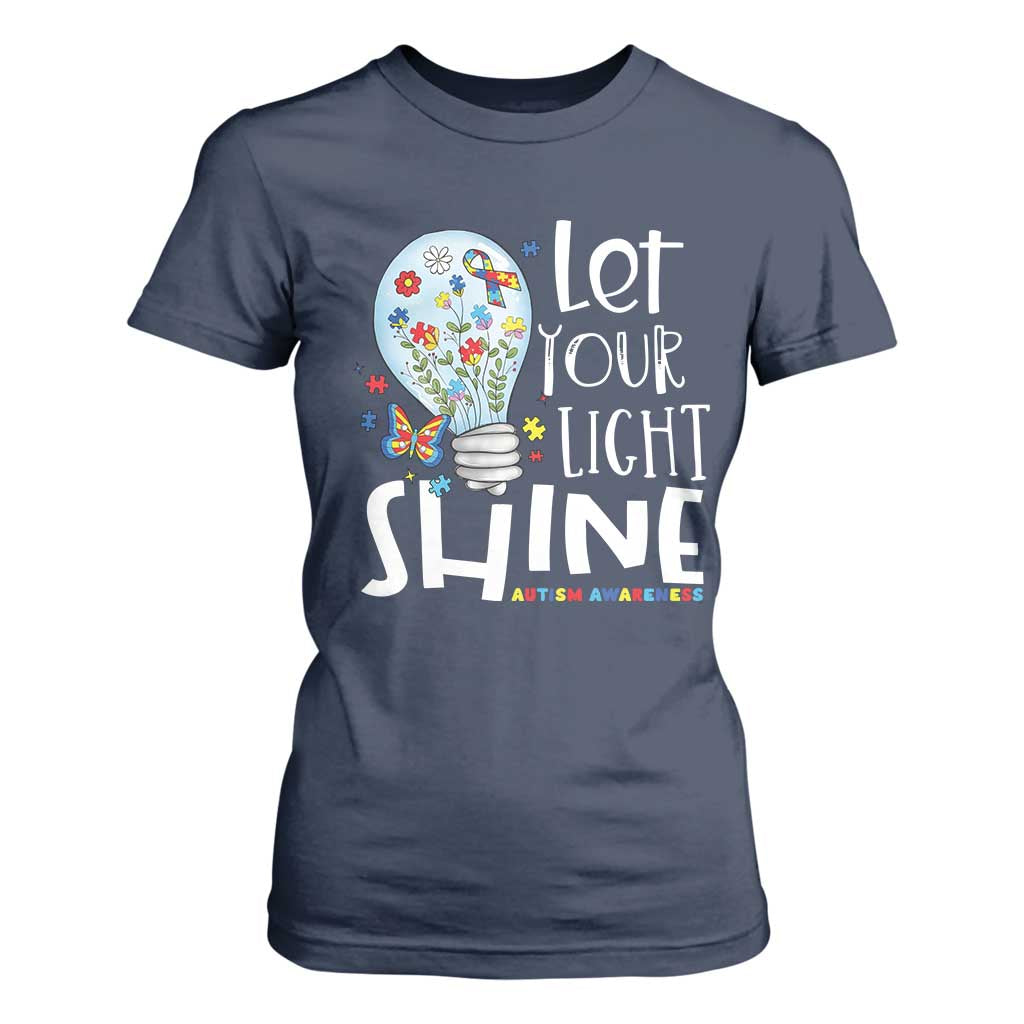 Autism Support T Shirt For Women Let Your Light Shine Puzzle Ribbon Inspirational Quote