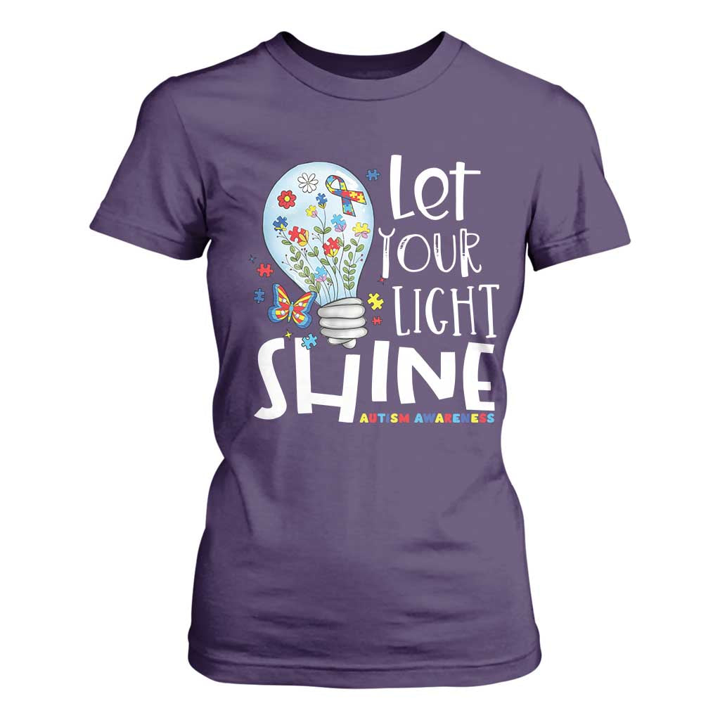 Autism Support T Shirt For Women Let Your Light Shine Puzzle Ribbon Inspirational Quote