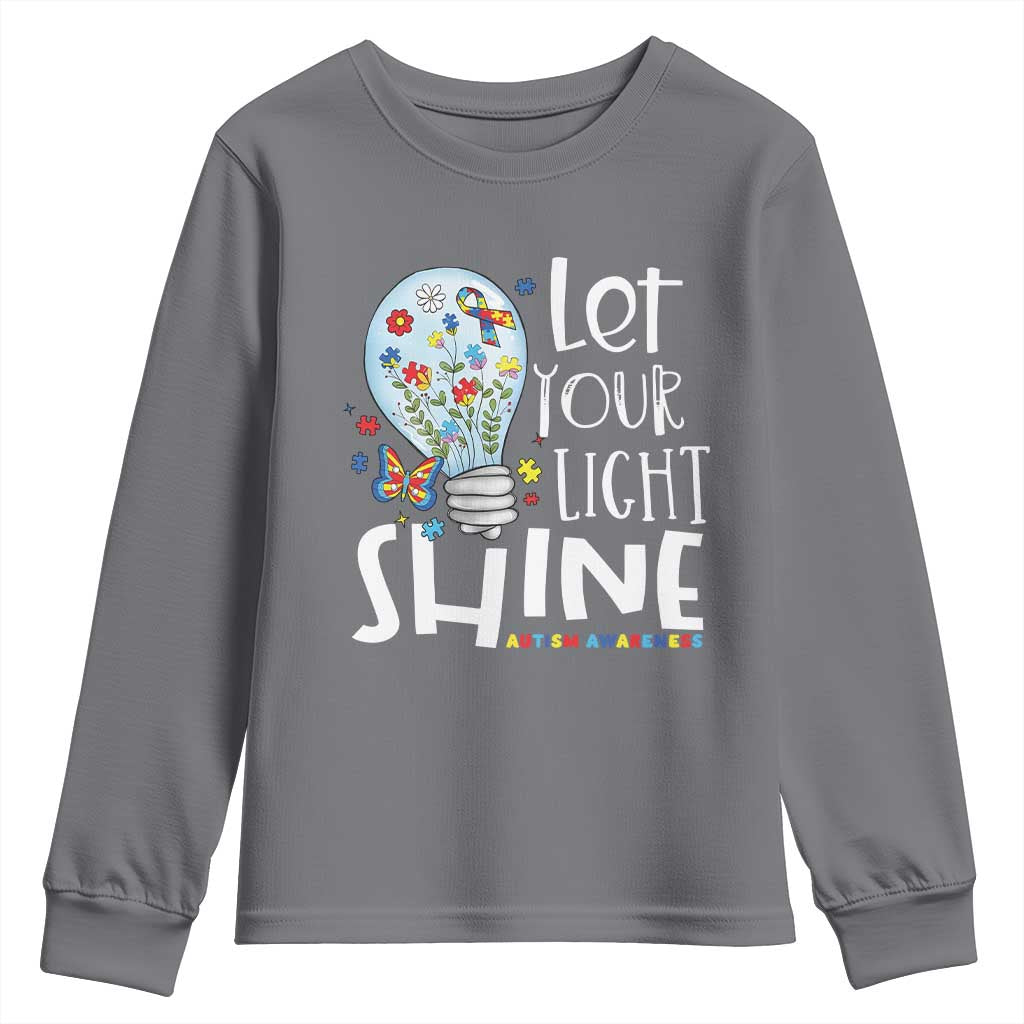 Autism Support Youth Sweatshirt Let Your Light Shine Puzzle Ribbon Inspirational Quote
