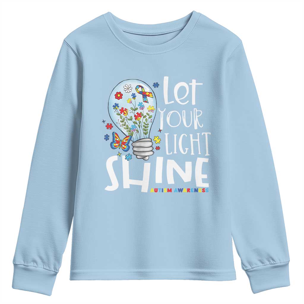 Autism Support Youth Sweatshirt Let Your Light Shine Puzzle Ribbon Inspirational Quote