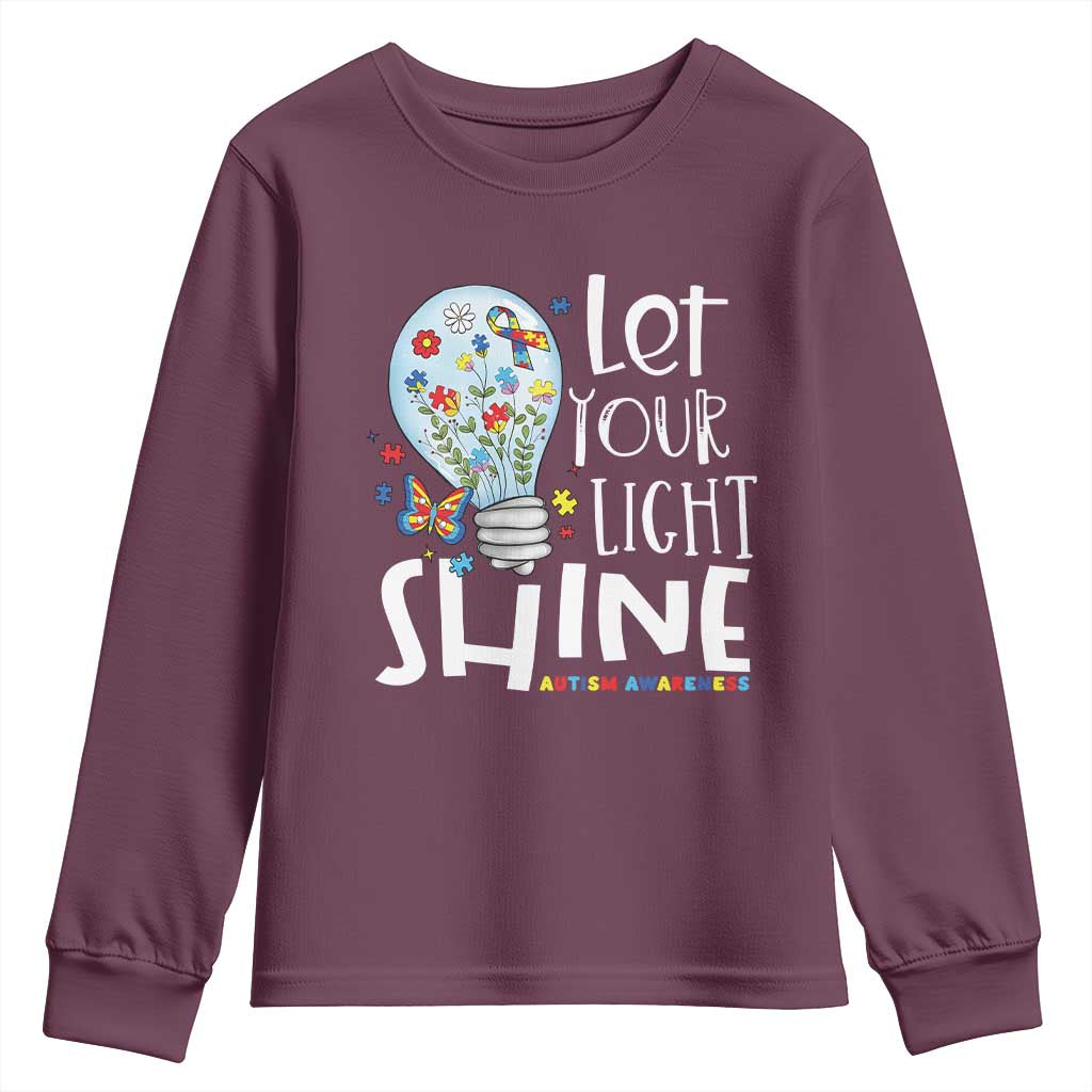 Autism Support Youth Sweatshirt Let Your Light Shine Puzzle Ribbon Inspirational Quote