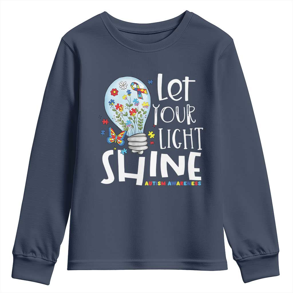 Autism Support Youth Sweatshirt Let Your Light Shine Puzzle Ribbon Inspirational Quote
