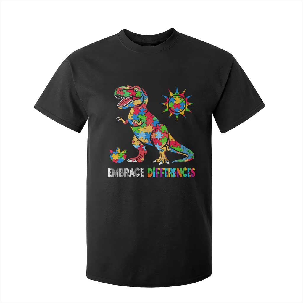 Funny Autism Support Embrace Differences T Shirt For Kid Puzzle Dinosaur