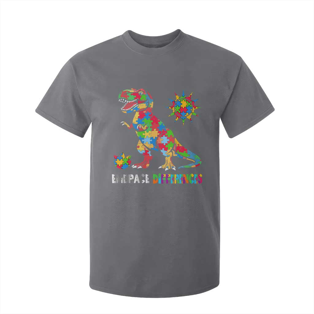 Funny Autism Support Embrace Differences T Shirt For Kid Puzzle Dinosaur