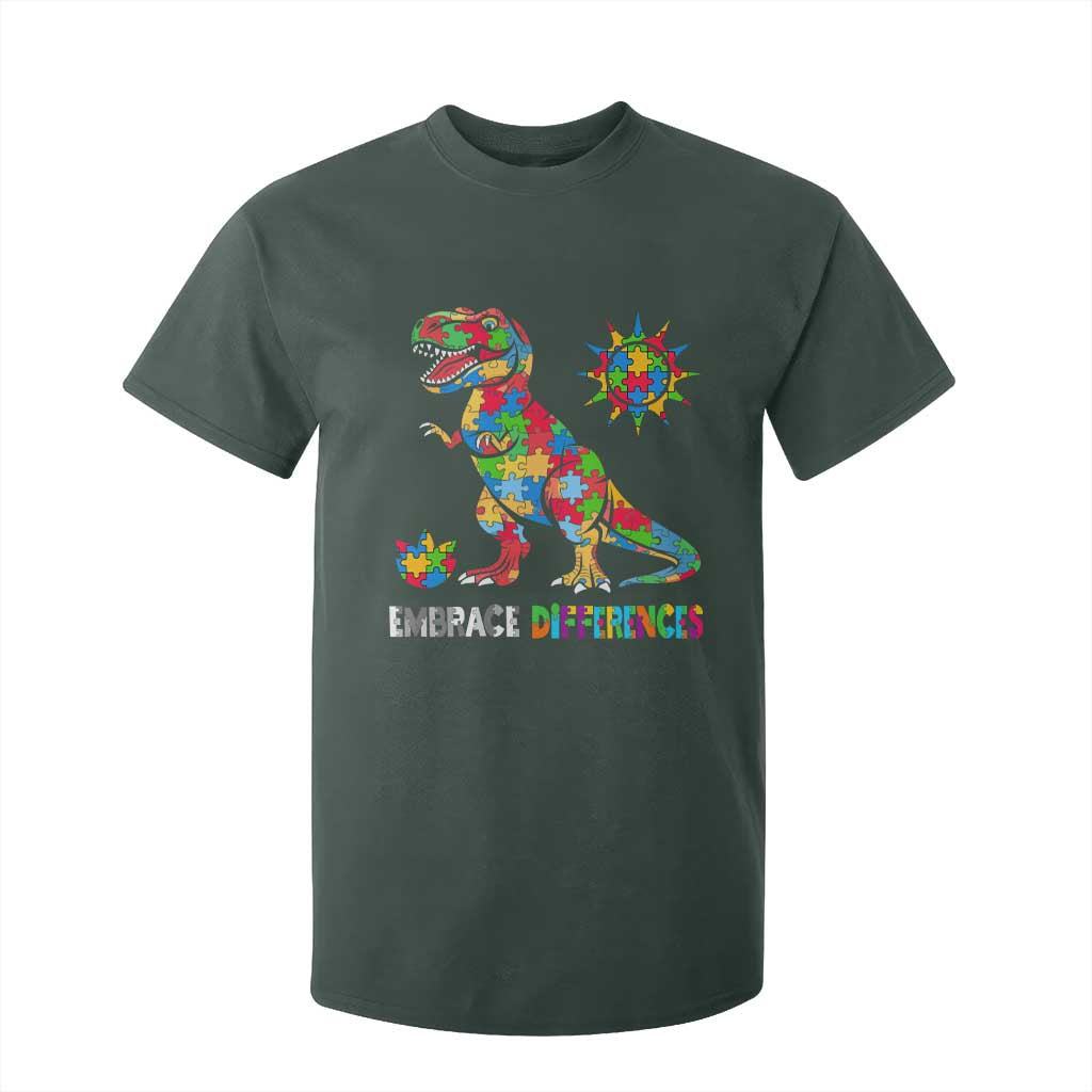 Funny Autism Support Embrace Differences T Shirt For Kid Puzzle Dinosaur