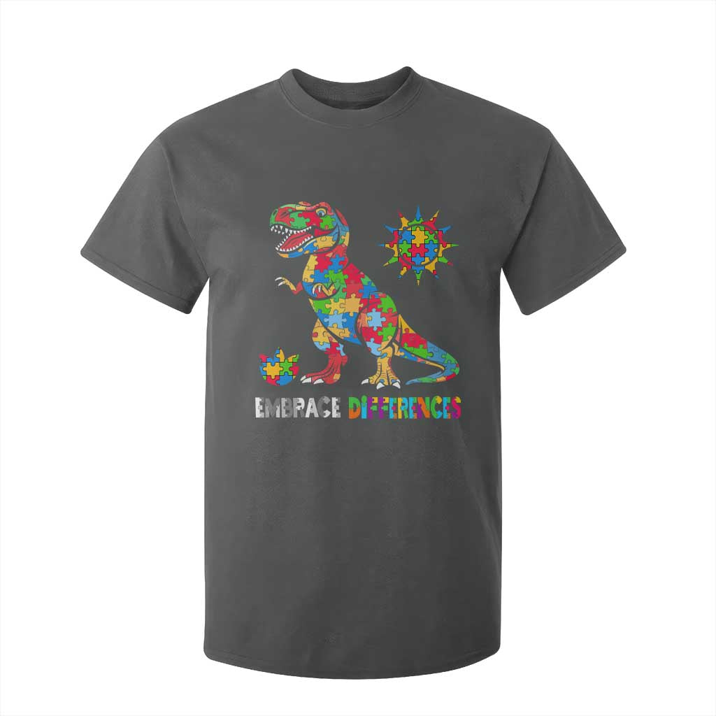 Funny Autism Support Embrace Differences T Shirt For Kid Puzzle Dinosaur