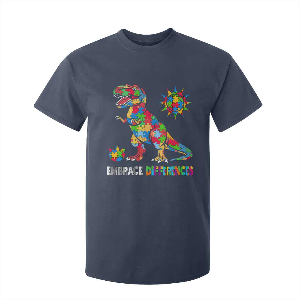 Funny Autism Support Embrace Differences T Shirt For Kid Puzzle Dinosaur
