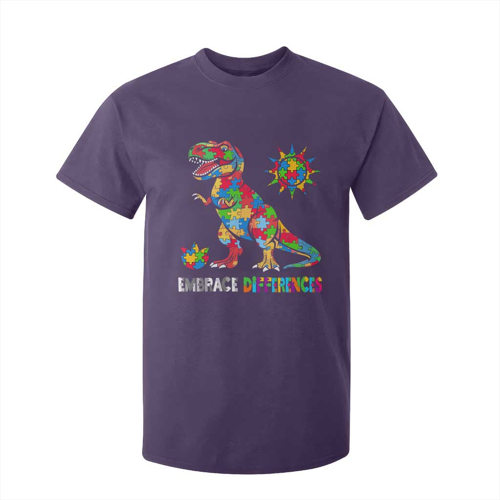 Funny Autism Support Embrace Differences T Shirt For Kid Puzzle Dinosaur