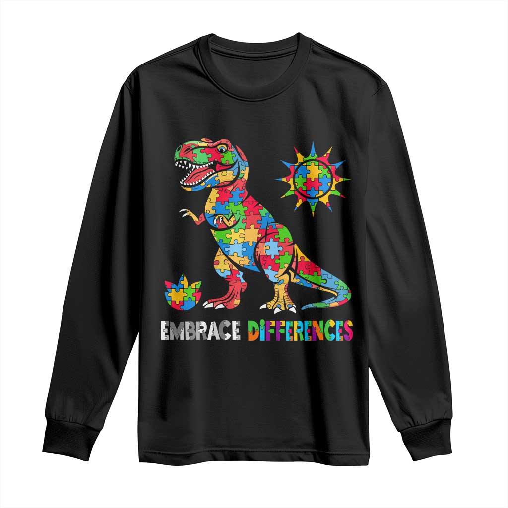 Funny Autism Support Embrace Differences Long Sleeve Shirt Puzzle Dinosaur