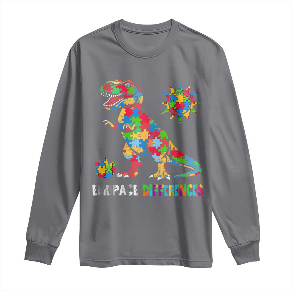 Funny Autism Support Embrace Differences Long Sleeve Shirt Puzzle Dinosaur