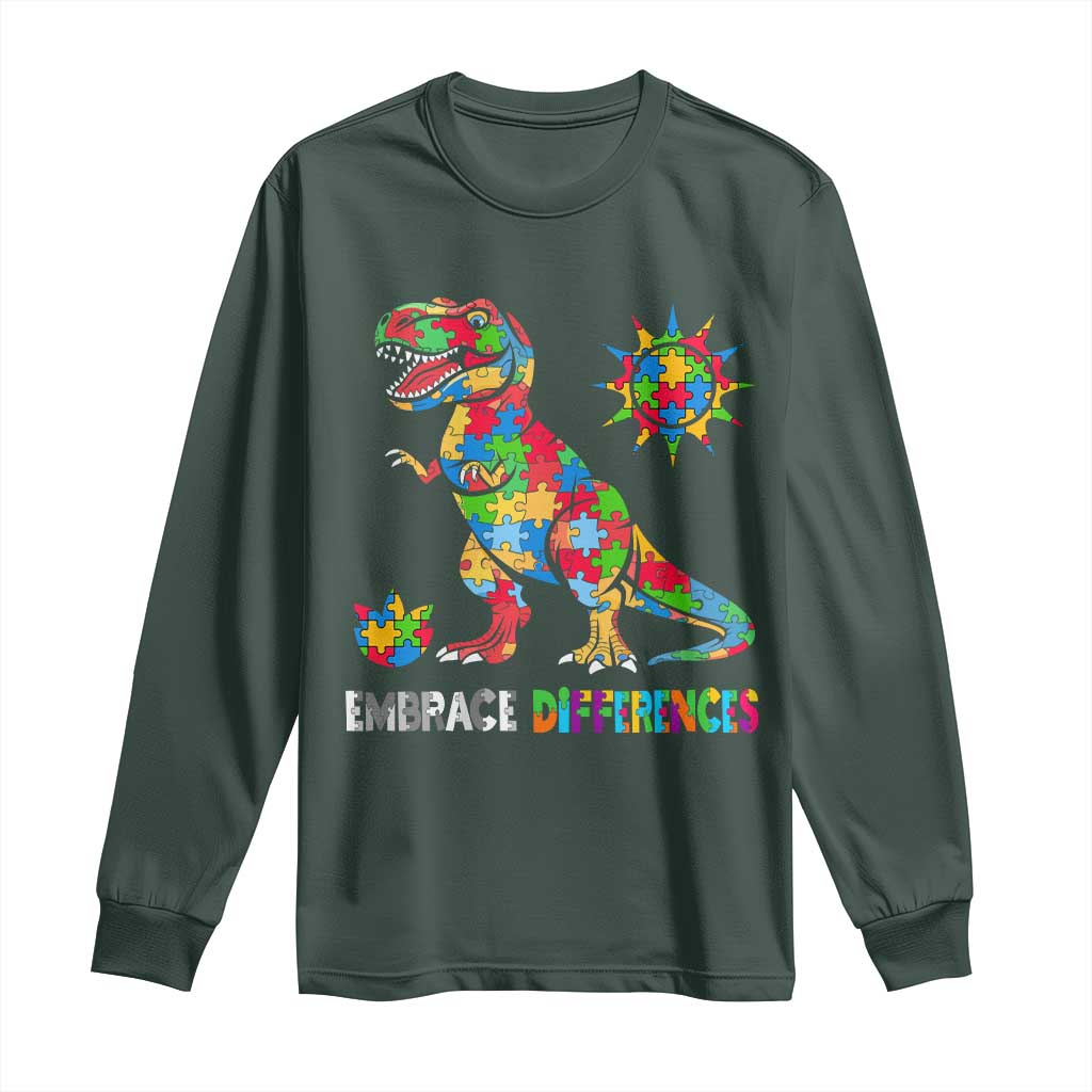 Funny Autism Support Embrace Differences Long Sleeve Shirt Puzzle Dinosaur