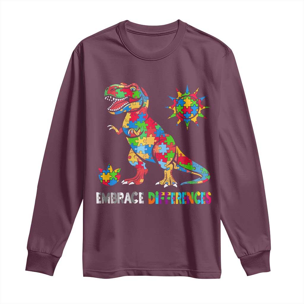 Funny Autism Support Embrace Differences Long Sleeve Shirt Puzzle Dinosaur