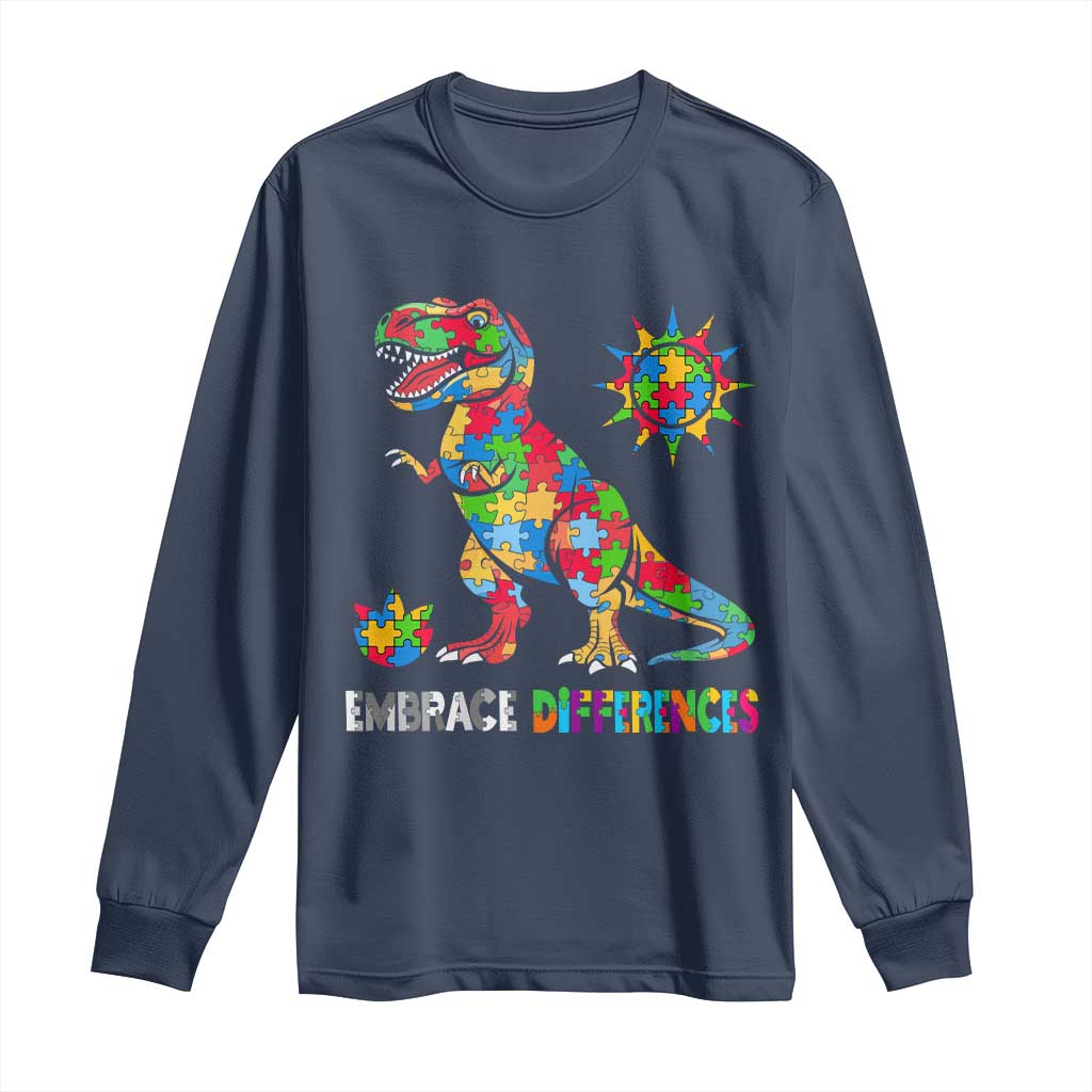 Funny Autism Support Embrace Differences Long Sleeve Shirt Puzzle Dinosaur