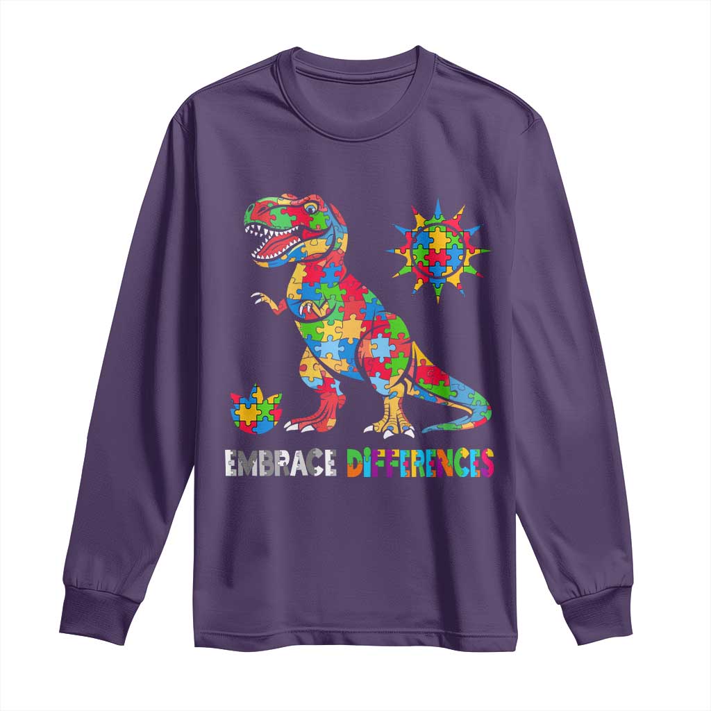 Funny Autism Support Embrace Differences Long Sleeve Shirt Puzzle Dinosaur