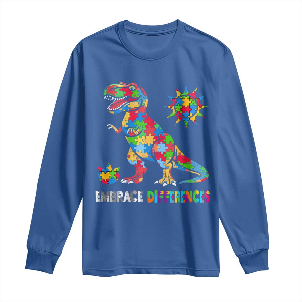 Funny Autism Support Embrace Differences Long Sleeve Shirt Puzzle Dinosaur