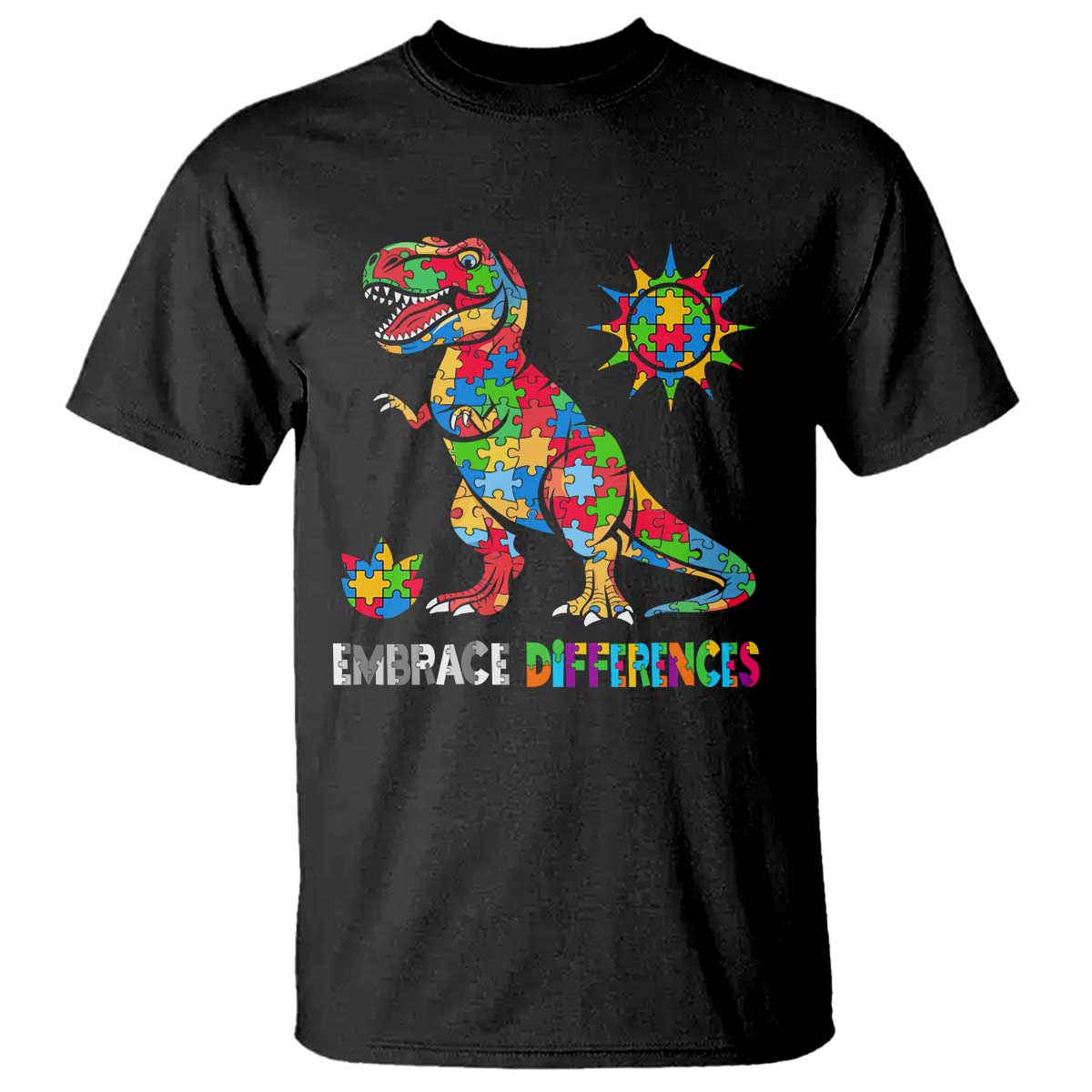 Funny Autism Support Embrace Differences T Shirt Puzzle Dinosaur
