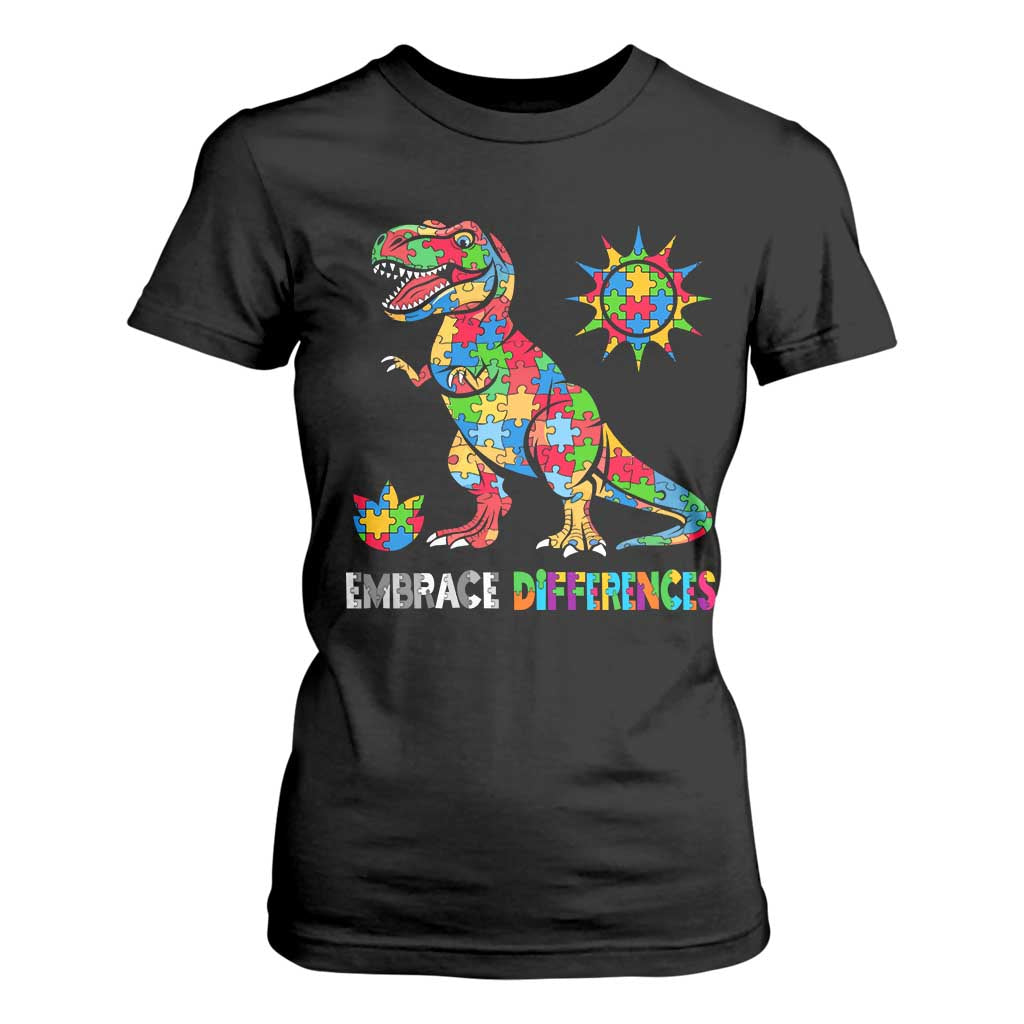 Funny Autism Support Embrace Differences T Shirt For Women Puzzle Dinosaur