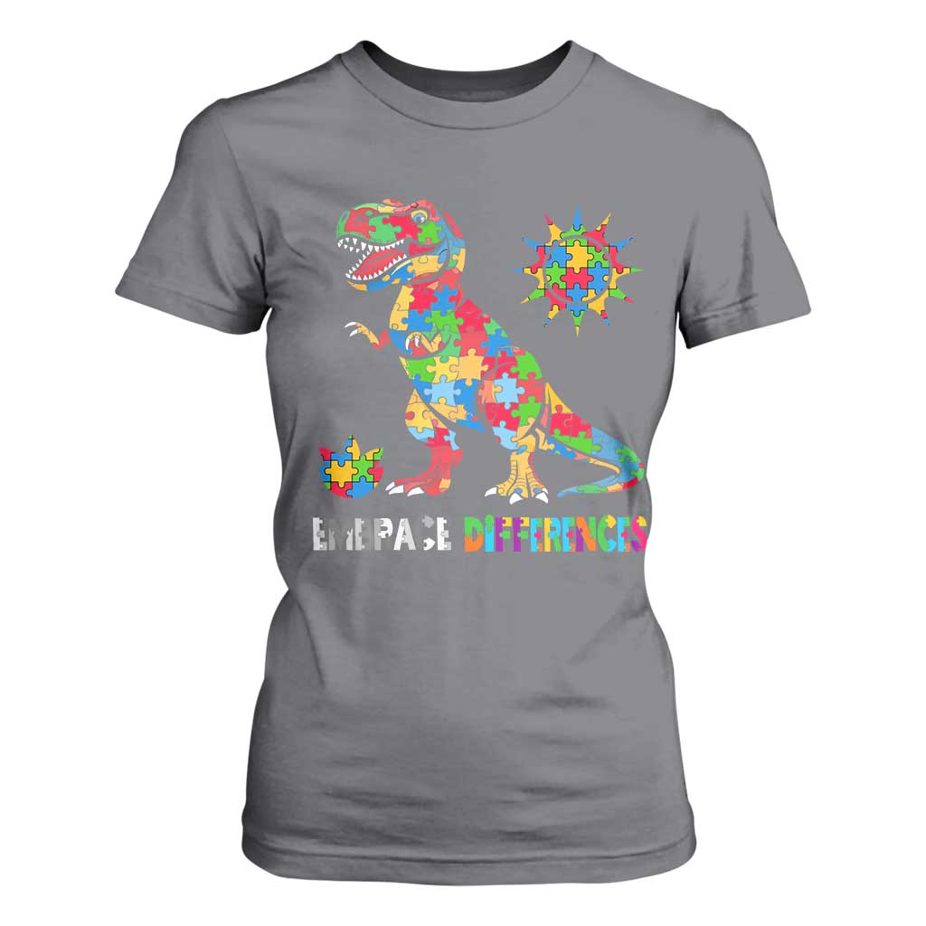 Funny Autism Support Embrace Differences T Shirt For Women Puzzle Dinosaur