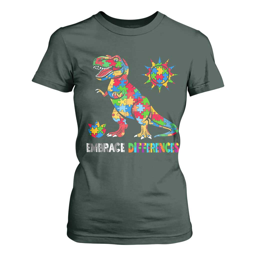 Funny Autism Support Embrace Differences T Shirt For Women Puzzle Dinosaur