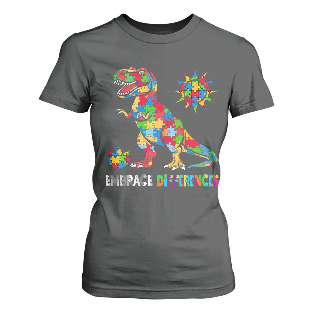 Funny Autism Support Embrace Differences T Shirt For Women Puzzle Dinosaur