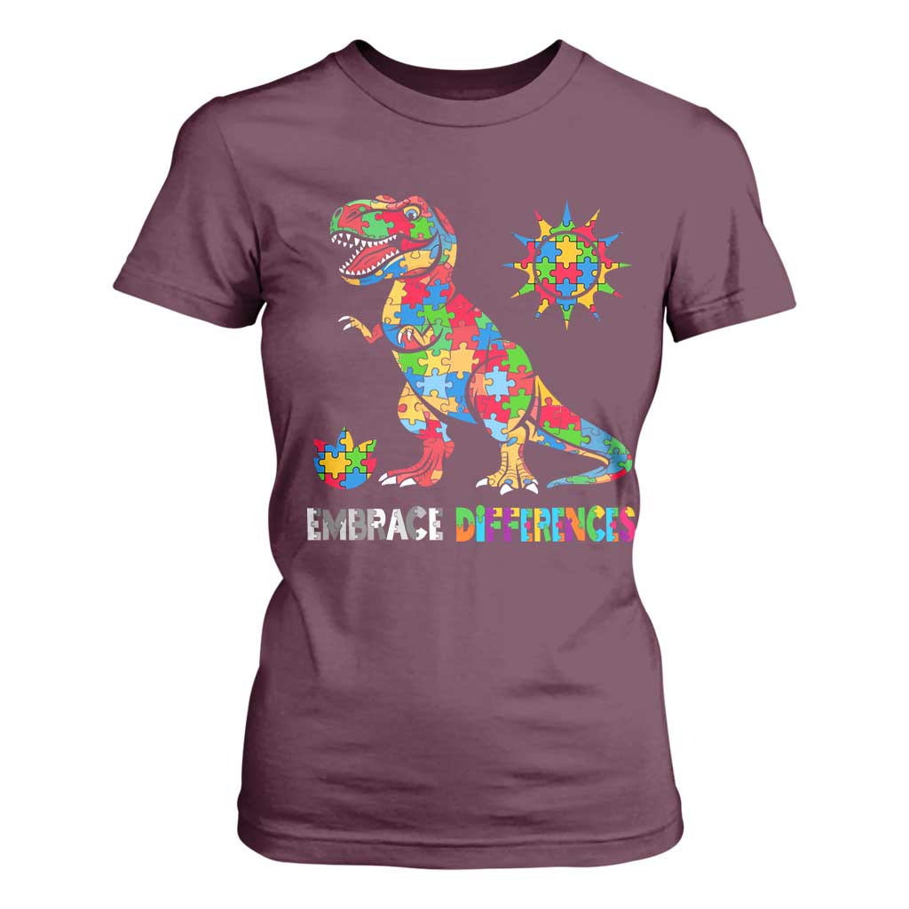 Funny Autism Support Embrace Differences T Shirt For Women Puzzle Dinosaur
