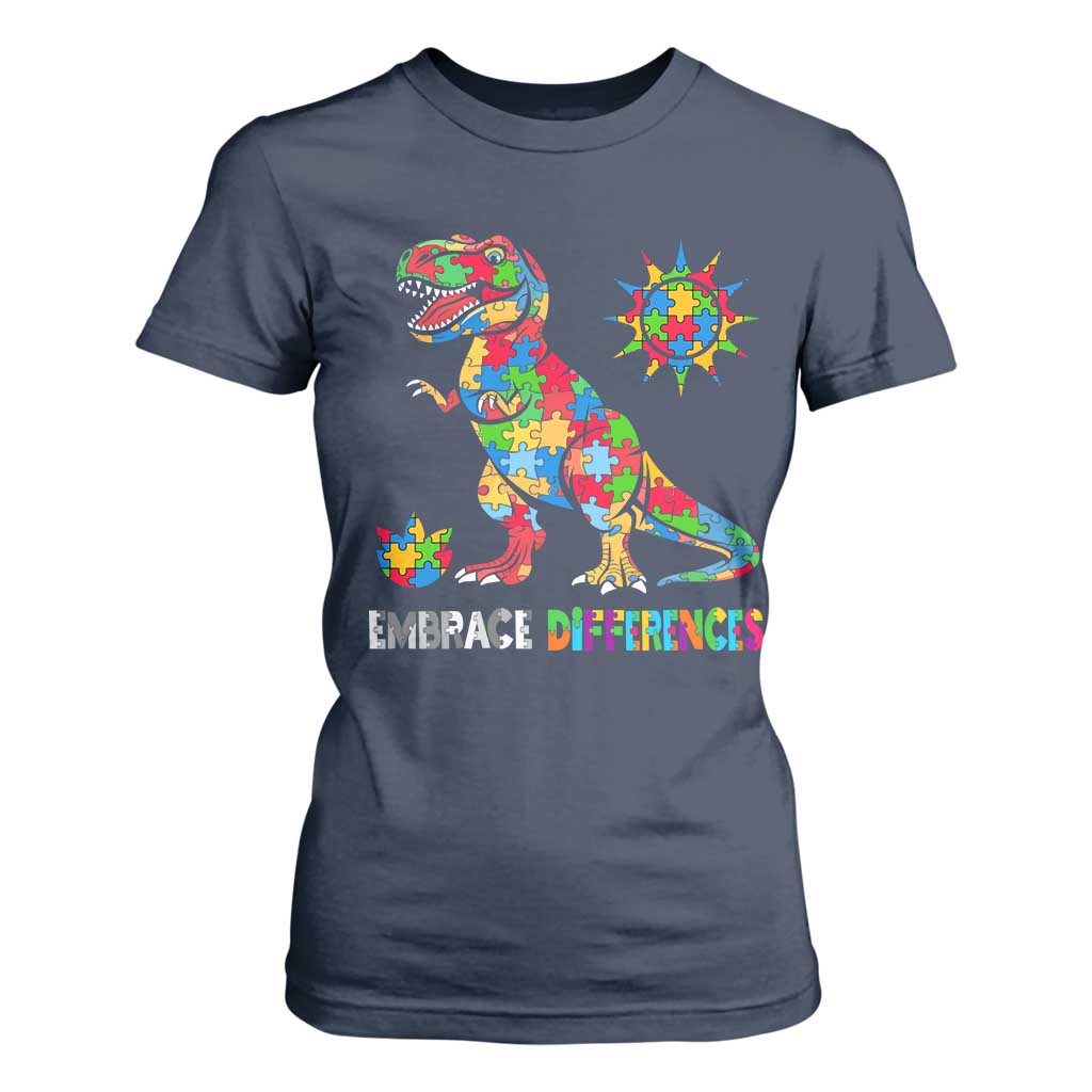 Funny Autism Support Embrace Differences T Shirt For Women Puzzle Dinosaur
