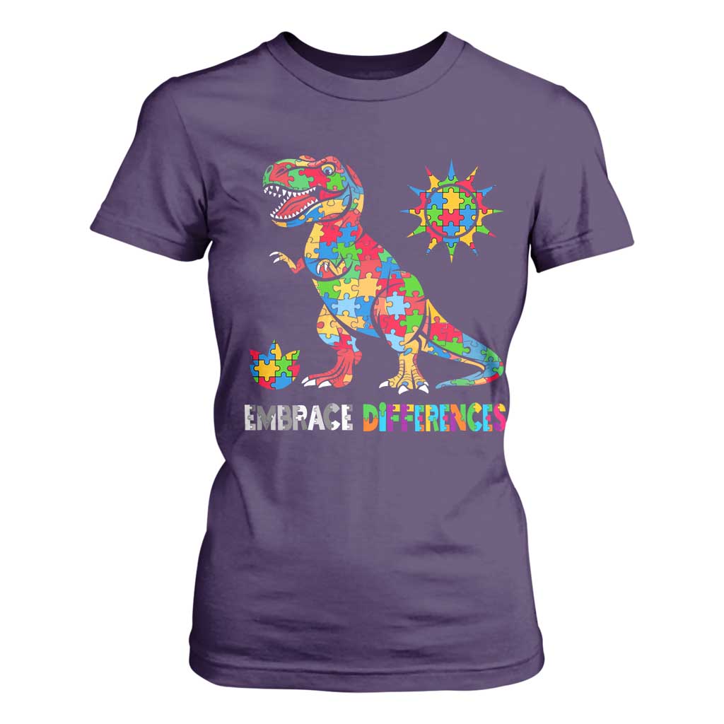 Funny Autism Support Embrace Differences T Shirt For Women Puzzle Dinosaur