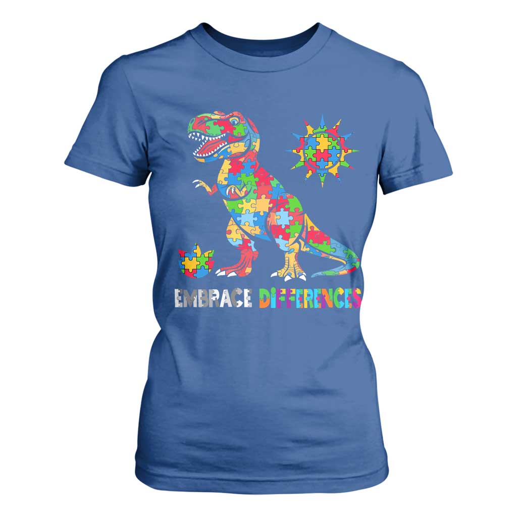 Funny Autism Support Embrace Differences T Shirt For Women Puzzle Dinosaur