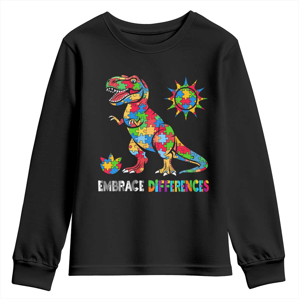 Funny Autism Support Embrace Differences Youth Sweatshirt Puzzle Dinosaur