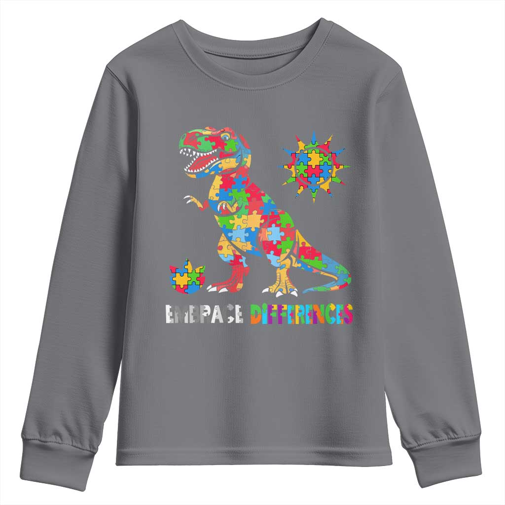 Funny Autism Support Embrace Differences Youth Sweatshirt Puzzle Dinosaur