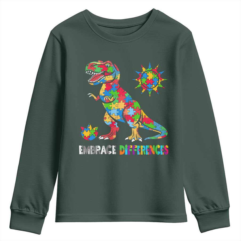 Funny Autism Support Embrace Differences Youth Sweatshirt Puzzle Dinosaur