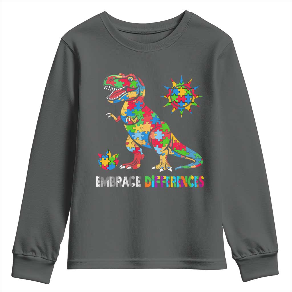 Funny Autism Support Embrace Differences Youth Sweatshirt Puzzle Dinosaur