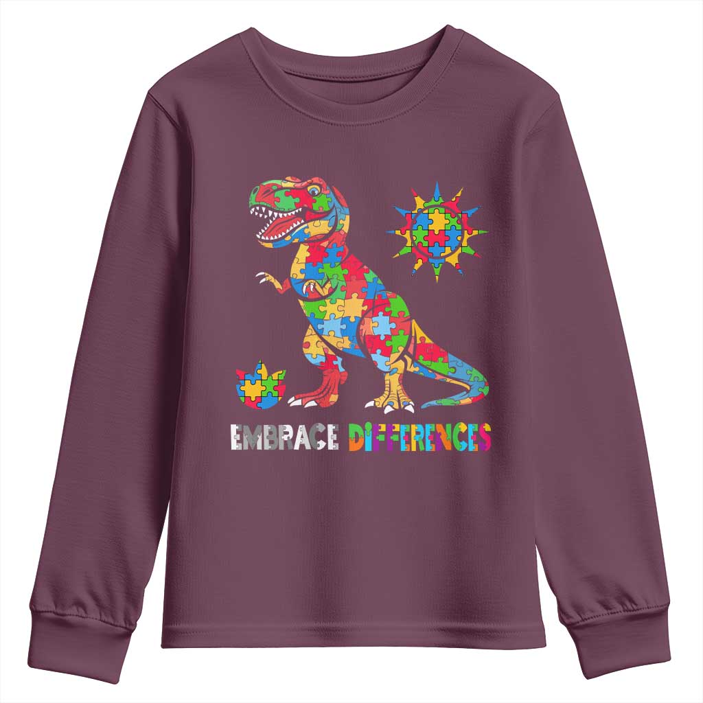 Funny Autism Support Embrace Differences Youth Sweatshirt Puzzle Dinosaur