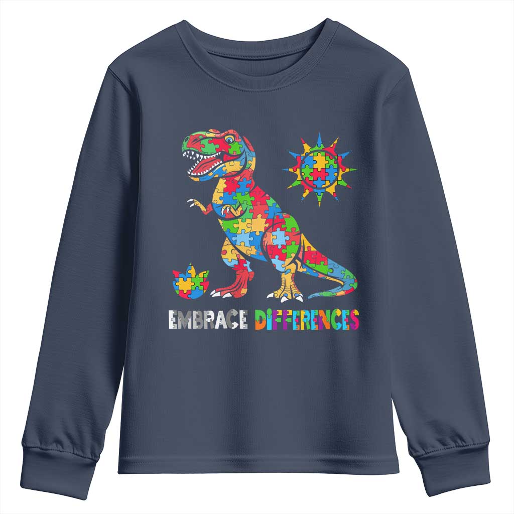 Funny Autism Support Embrace Differences Youth Sweatshirt Puzzle Dinosaur