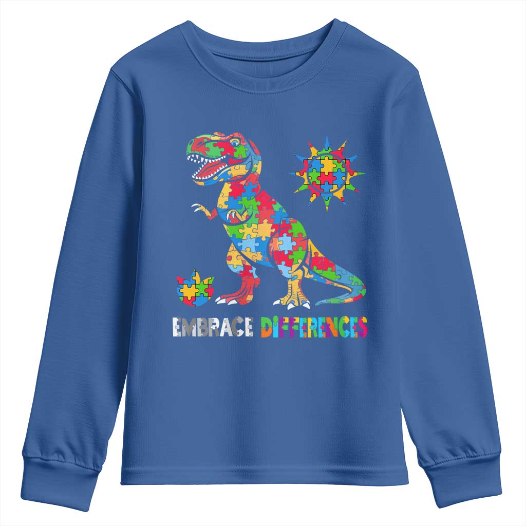Funny Autism Support Embrace Differences Youth Sweatshirt Puzzle Dinosaur