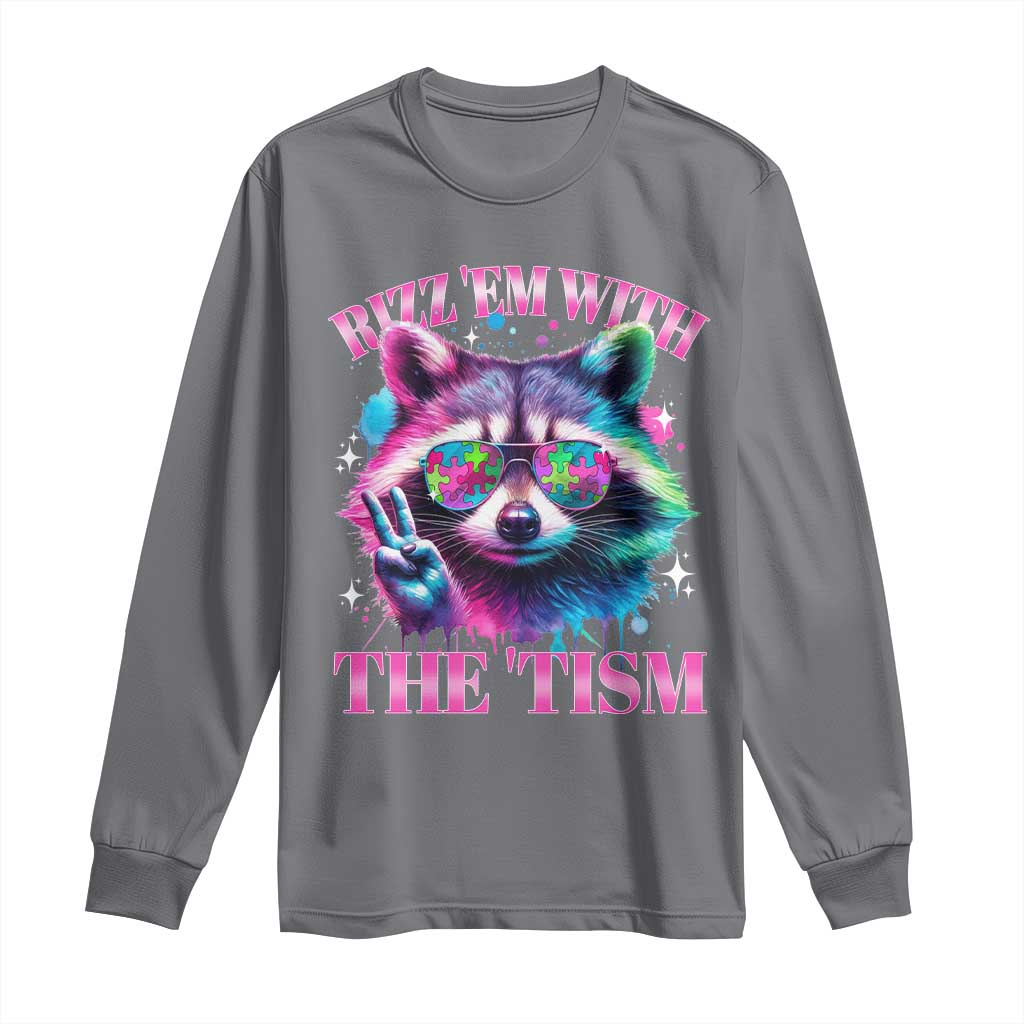 Funny Autism Support Racoon Long Sleeve Shirt Rizz Em With The Tism Meme Autistic