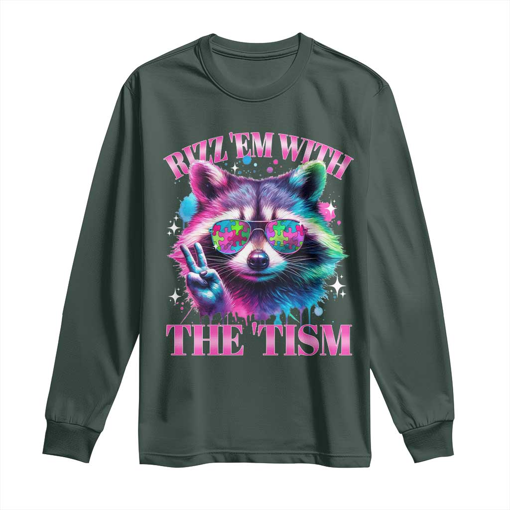 Funny Autism Support Racoon Long Sleeve Shirt Rizz Em With The Tism Meme Autistic
