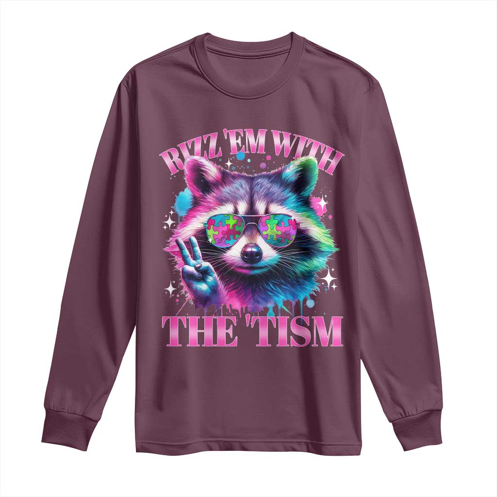 Funny Autism Support Racoon Long Sleeve Shirt Rizz Em With The Tism Meme Autistic