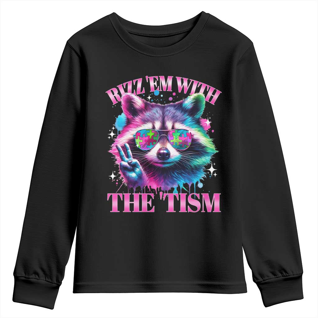 Funny Autism Support Racoon Youth Sweatshirt Rizz Em With The Tism Meme Autistic