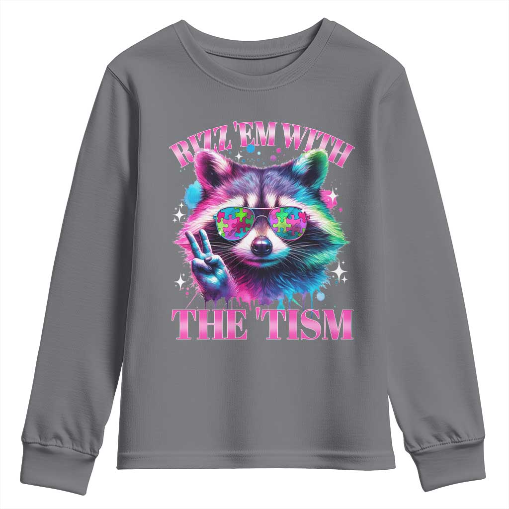 Funny Autism Support Racoon Youth Sweatshirt Rizz Em With The Tism Meme Autistic